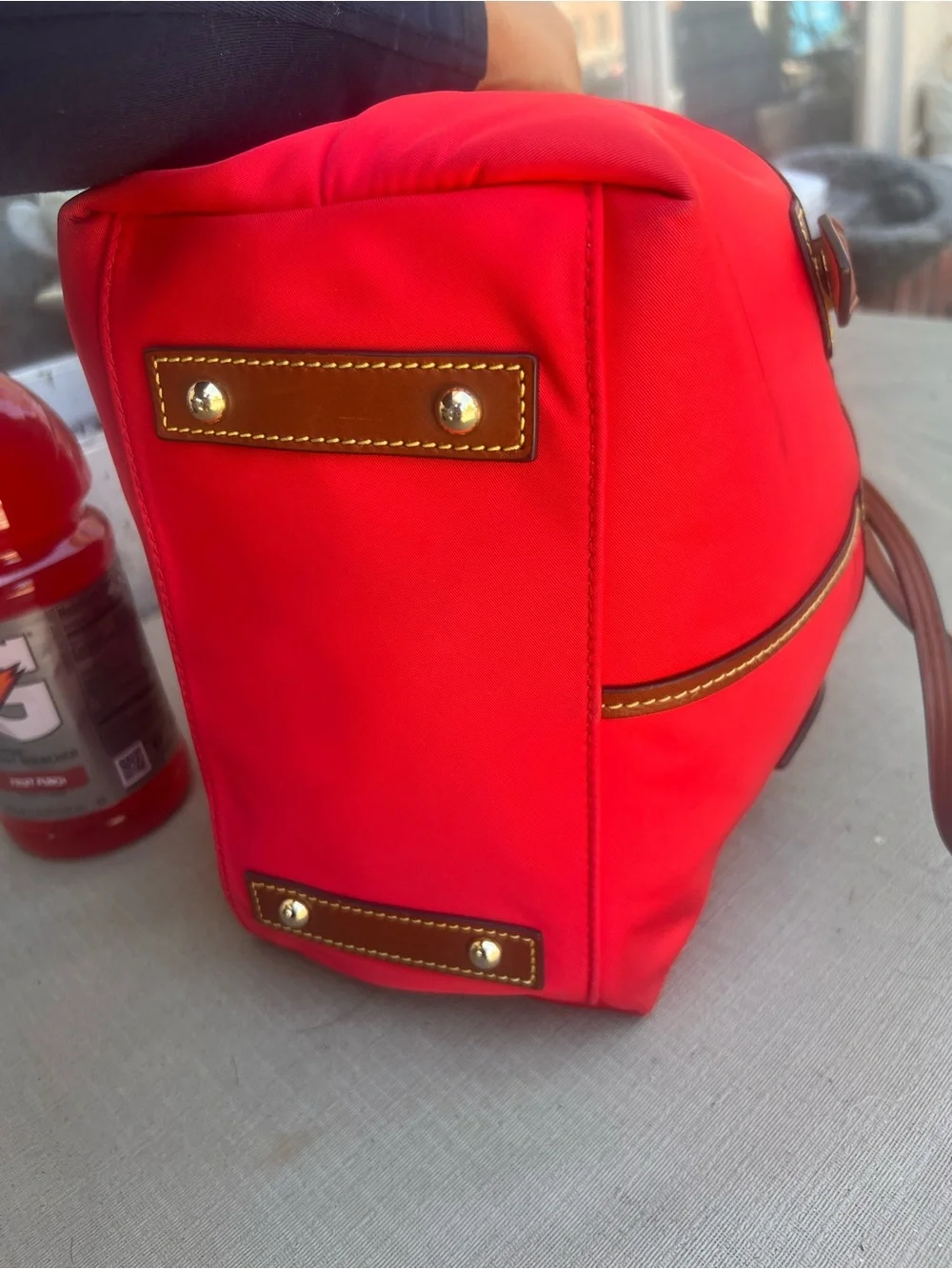 Dooney & Bourke Red Drawstring Hobo with Brown Trim